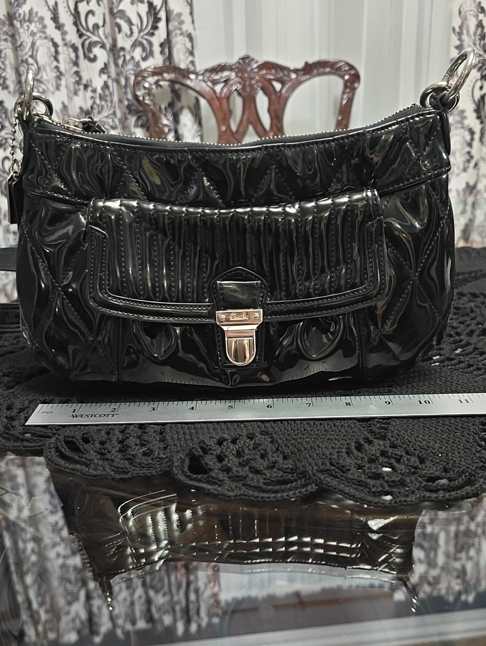 Coach Black Patent Shoulder Bag with Silver-Tone Hardware W/ Hot Pink Interior